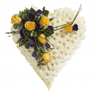 Heart SYM-324 - A white massed heart with yellow and purple spray, designed with love by our floristry team using the freshest flowers available.