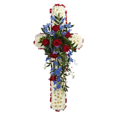 Cross SYM-329 - This classic 120cm cross is made using massed white flowers, complemented with a red and blue spray.
