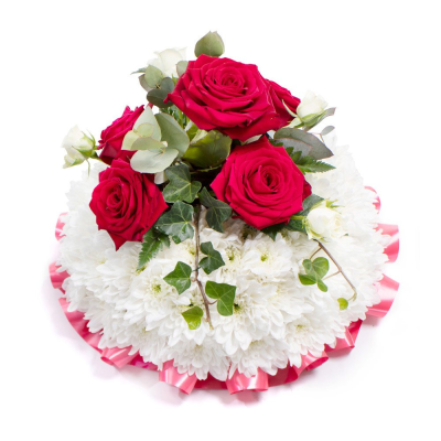 Posy SYM-344 - A delightful funeral posy featuring a white massed base and a red rose spray, handmade by our in-house florists using market fresh flowers.